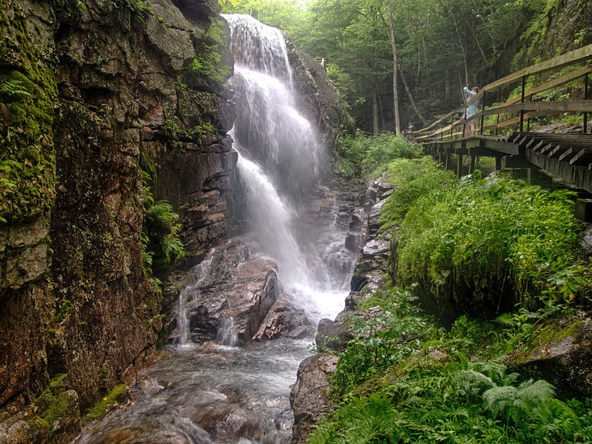 Flume Gorge waterfall scene in New Hampshire.