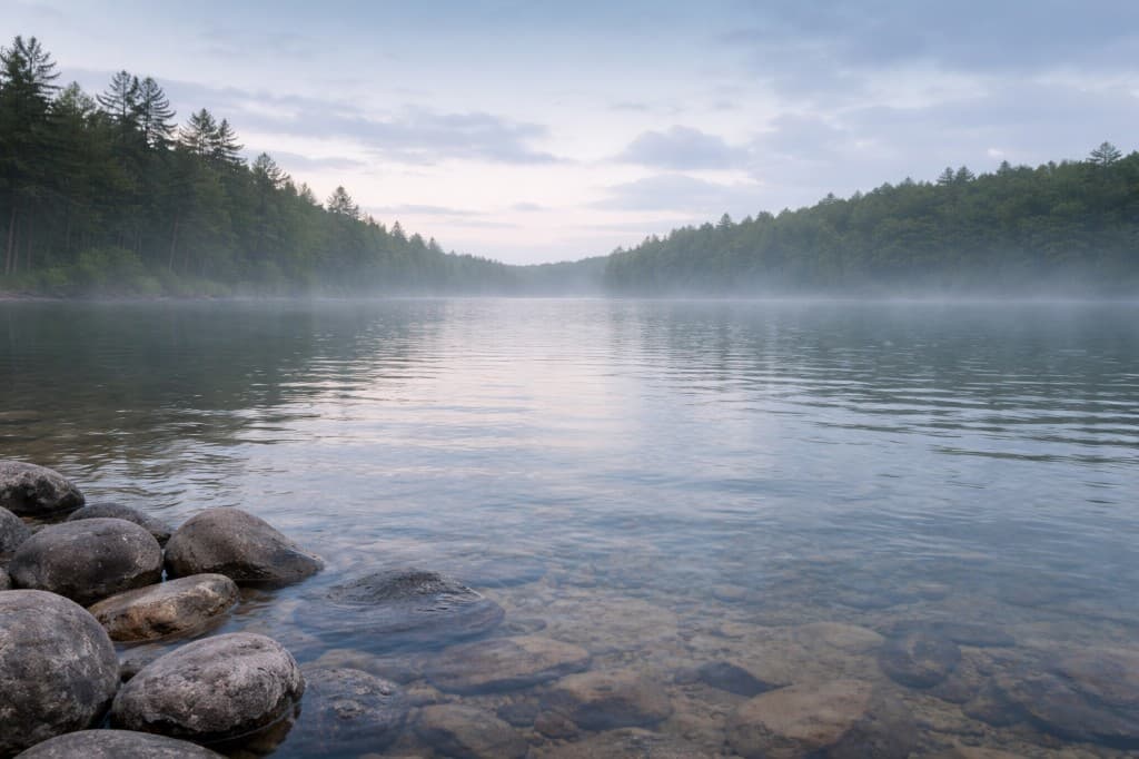 Calm freshwater with low mist and forest edge, Rhode Island inland guides.