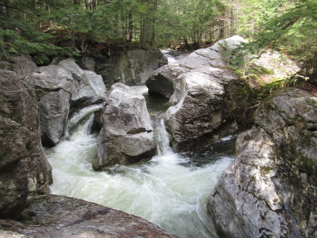 A strong current through sculpted gray bedrock and dense green forest canopy at Bingham Falls, Vermont.