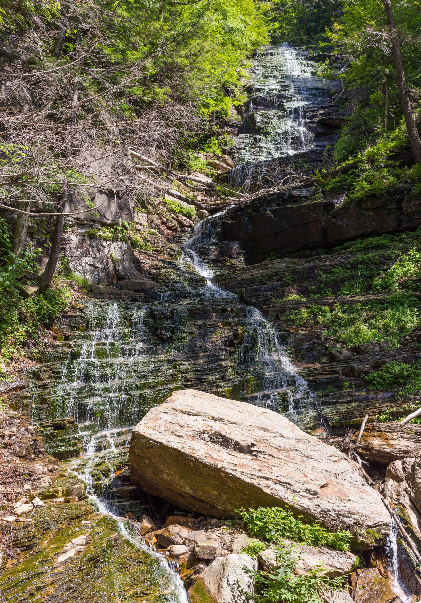 Tall full-height view of Lye Brook Falls near Manchester, Vermont, descending a long forested cliff above a large boulder.