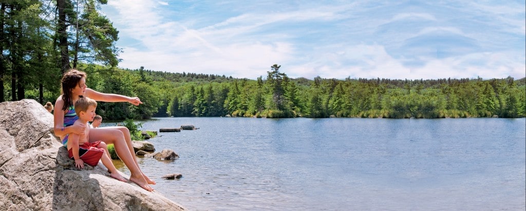 Families on a Connecticut lake beach with trees along the shore.