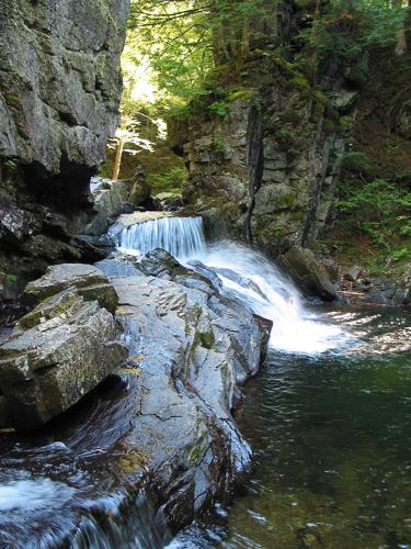 Narrow rock pool and small waterfall at Cady Falls Swimming Hole in Morrisville, Vermont.