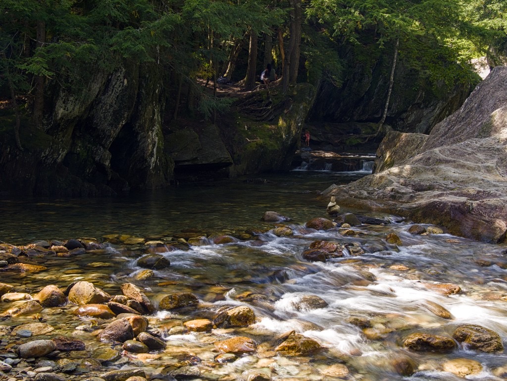 Wide view of the Warren Falls swimming area: a deep green pool, forested banks, and shallow rapids over river stones in the foreground.